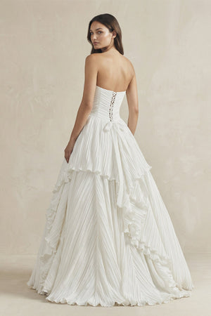 Pleated A - Line Ruffled Strapless Wedding Dress in White - SHE IS ME Wedding Dresses