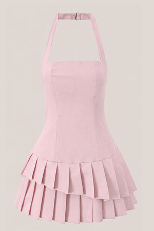 Pleated Halter A - Line Cotton Mini Dress in Pink - SHE IS ME Dresses