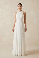 Pleated Open Back Halter A - Line Wedding Dress - SHE IS ME Wedding Dresses