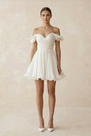 Pleated Ruffled Off - the - Shoulder A - Line Mini Wedding Dress in White - SHE IS ME Wedding Dresses