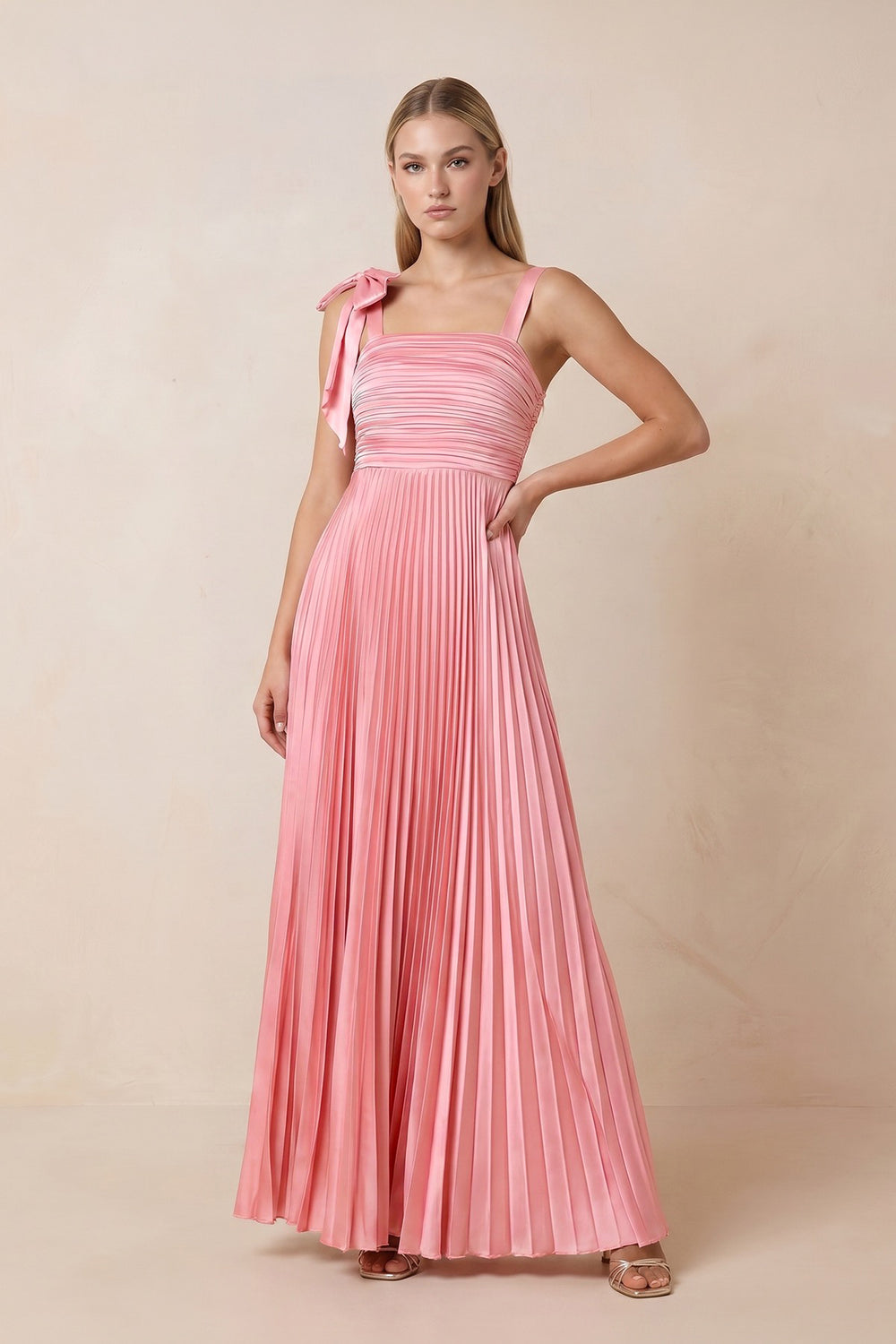 Pleated Square Neck A-Line Maxi Dress with Bow in Rosette – SHE IS ME Dresses
