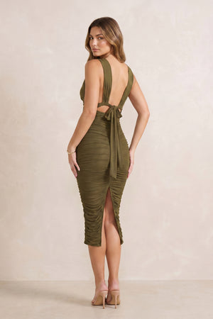 Pleated V-Neck Sheath Midi Dress in Willow Green – SHE IS ME Dresses