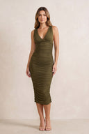 Pleated V-Neck Sheath Midi Dress in Willow Green – SHE IS ME Dresses