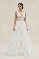 Plunge A - Line Tulle Appliqued Wedding Dress in Ivory - SHE IS ME Wedding Dresses