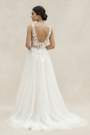 Plunge A - Line Tulle Appliqued Wedding Dress in Ivory - SHE IS ME Wedding Dresses