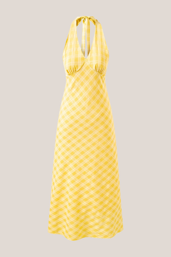 Plunge A-Line Vintage Plaid Printed Midi Dress in Yellow– SHE IS ME Dresses