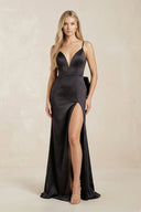 Plunge Satin Sheath Wedding Dress With Bow and Slit in Black - SHE IS ME Wedding Dresses