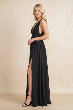 Plunging A - Line Chiffon Maxi Dress in Black - SHE IS ME Dresses