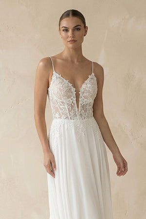 Plunging Sheath Satin Appliqued Wedding Dress in White - SHE IS ME Wedding Dresses
