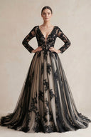 Plunging Tulle Appliqued Ball - Gown Wedding Dress in Black and Nude - SHE IS ME Wedding Dresses