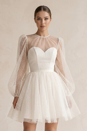 Polk Dots Tulle A - Line Mini Wedding Dress With Sleeves in White - SHE IS ME Wedding Dresses