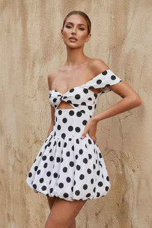 Polka Dot Off The Shoulder Bubble Mini Dress in White - SHE IS ME