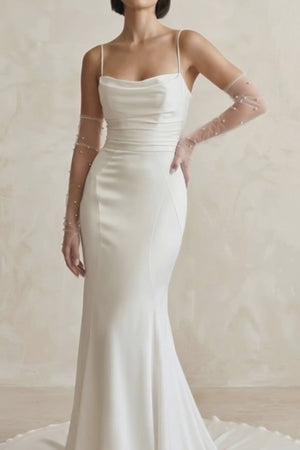 Satin Spaghetti Straps Mermaid Wedding Dress With Sleeve in White - SHE IS ME Wedding Dresses