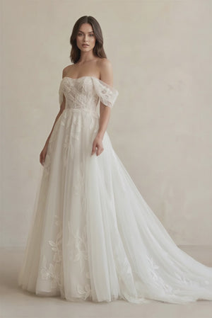 Off The Shoulder A Line Tulle Wedding Dress With Appliques in Ivory - SHE IS ME Wedding Dresses