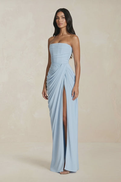 Strapless Pleated Sheath Long Prom Dress With Slit in Sky Blue - SHE IS ME Prom Dresses