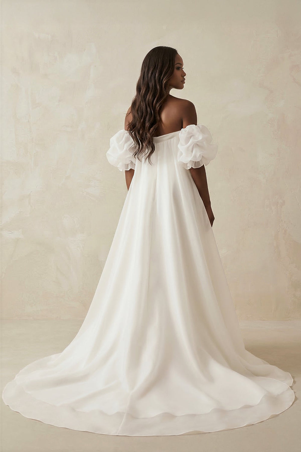 Puff Sleeves Off - the - Shoulder Satin A - Line Wedding Dress in White - SHE IS ME Wedding Dresses
