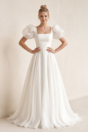 Puff Sleeves Square Neck A - Line Chiffon Wedding Dress in White - SHE IS ME Wedding Dresses