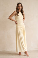 Round Neck Ruched A-Line Midi Dress in Pastel Yellow– SHE IS ME Dresses