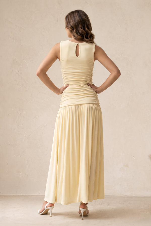 Round Neck Ruched A-Line Midi Dress in Pastel Yellow– SHE IS ME Dresses