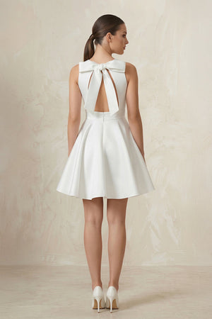 Round Neck Satin A - Line Ruched Wedding Dress in White - SHE IS ME Wedding Dresses