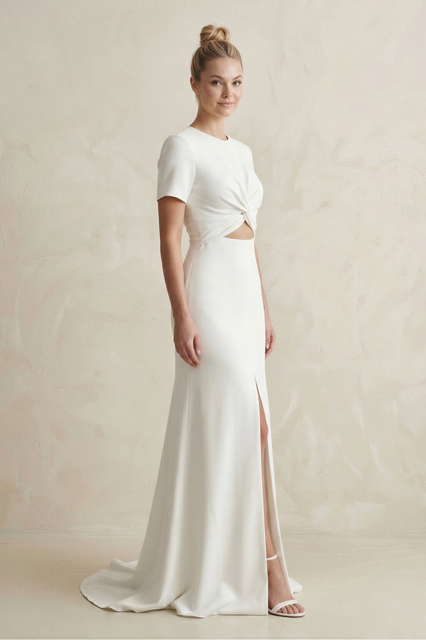 Round Neck Sheath Satin Short Sleeve Wedding Dress in White - SHE IS ME Wedding Dresses