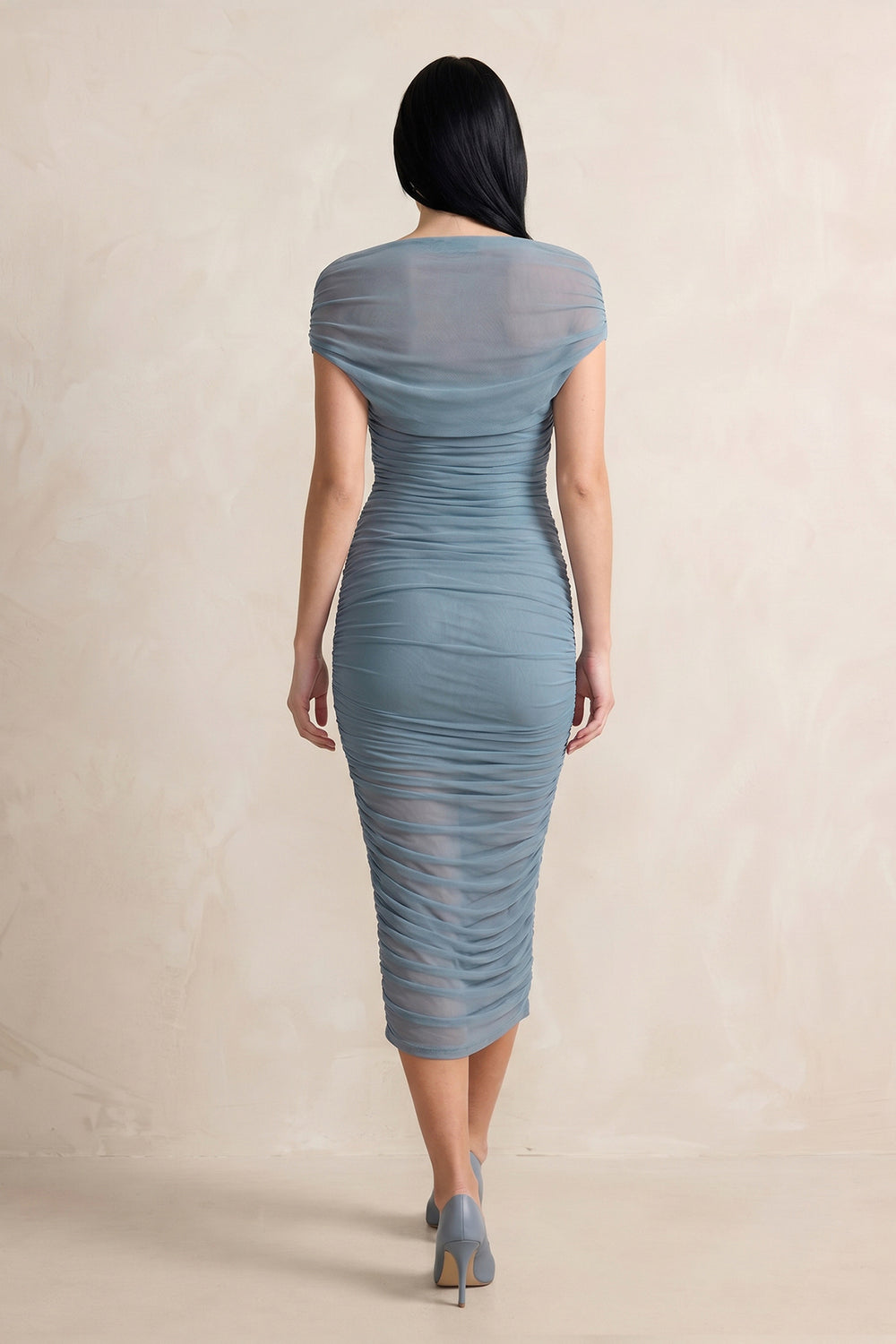 Ruched Off-the-Shoulder Midi Dress in Dusty Blue – SHE IS ME Dresses