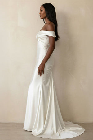 Ruched Off - the - Shoulder Satin Mermaid Wedding Dress in Ivory - SHE IS ME Wedding Dresses