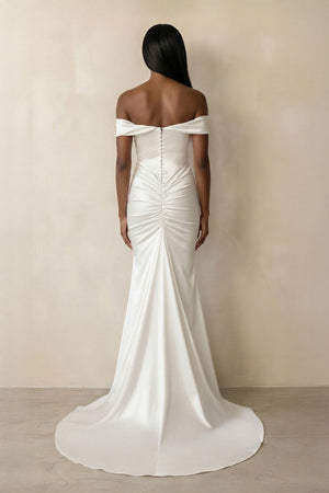 Ruched Off - the - Shoulder Satin Mermaid Wedding Dress in Ivory - SHE IS ME Wedding Dresses
