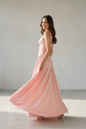 Ruched Spaghetti Straps Maxi Dress in Pink - SHE IS ME
