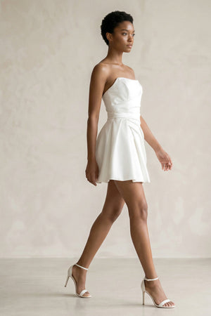 Ruched Strapless Satin Mini Wedding Dress in White - SHE IS ME Wedding Dresses