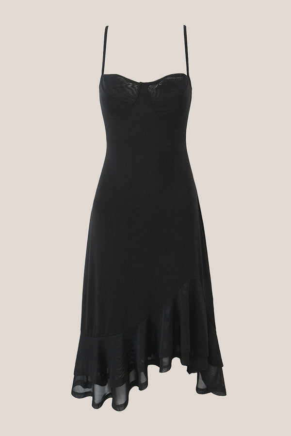 Ruffled A-Line Spaghetti Straps Midi Dress in Black– SHE IS ME Dresses