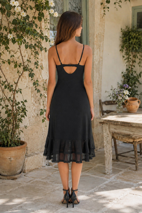 Ruffled A-Line Spaghetti Straps Midi Dress in Black– SHE IS ME Dresses