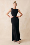 Ruffled Boat Neck Sheath Stretch Satin Maxi Dress with Bow in Black - SHE IS ME Dresses