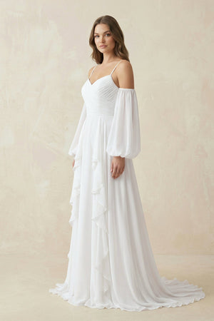 Ruffled Chiffon A - Line Wedding Dress With Detachable Sleeves in White - SHE IS ME Wedding Dresses