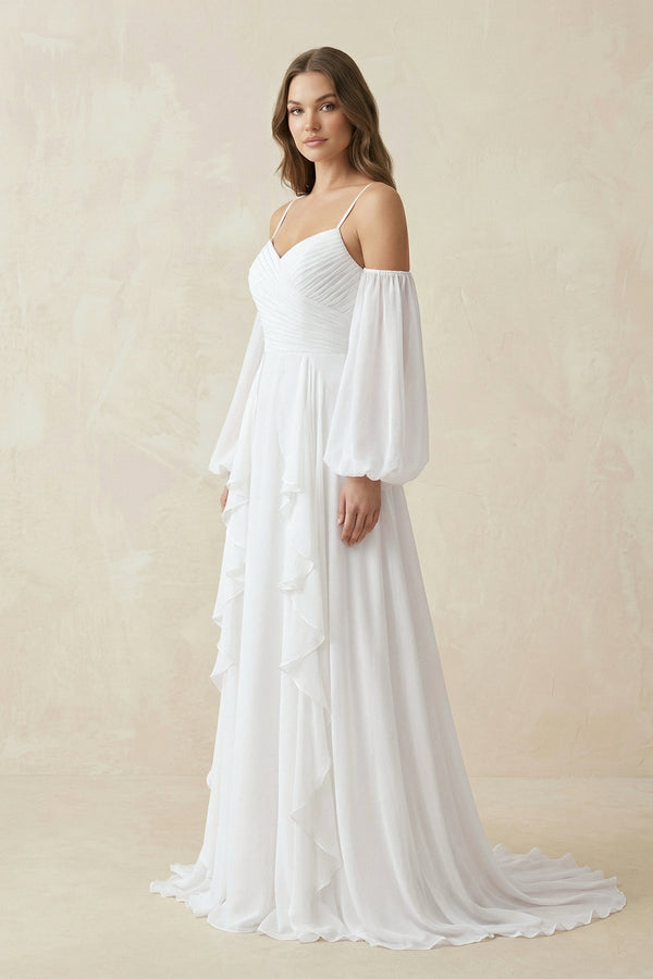Ruffled Chiffon A - Line Wedding Dress With Detachable Sleeves in White - SHE IS ME Wedding Dresses