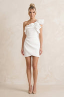 Ruffled Flower Sheath Satin Mini Wedding Dress in White - SHE IS ME Wedding Dresses