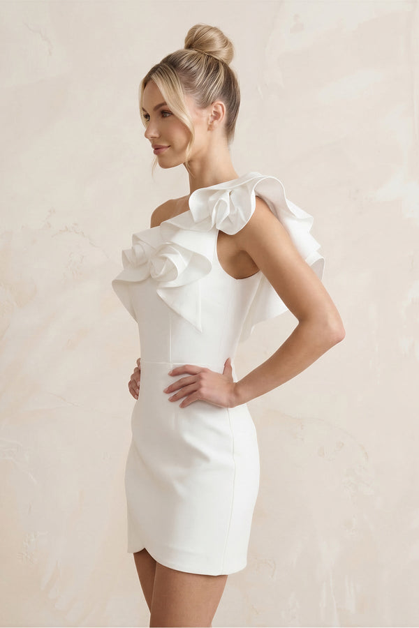 Ruffled Flower Sheath Satin Mini Wedding Dress in White - SHE IS ME Wedding Dresses