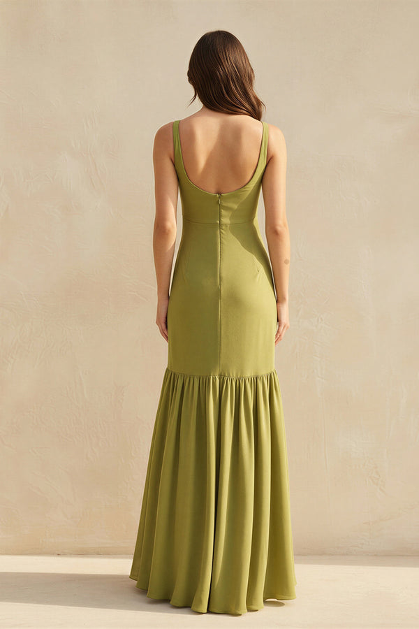 Ruffled Maxi Dress With Flower in Olive - SHE IS ME