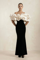 Ruffled Off - the - Shoulder Mermaid Satin Wedding Dress in Black - SHE IS ME Wedding Dresses