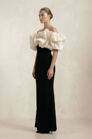 Ruffled Off - the - Shoulder Mermaid Satin Wedding Dress in Black - SHE IS ME Wedding Dresses