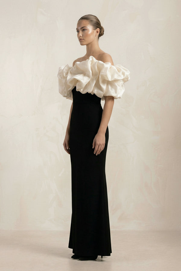 Ruffled Off - the - Shoulder Mermaid Satin Wedding Dress in Black - SHE IS ME Wedding Dresses