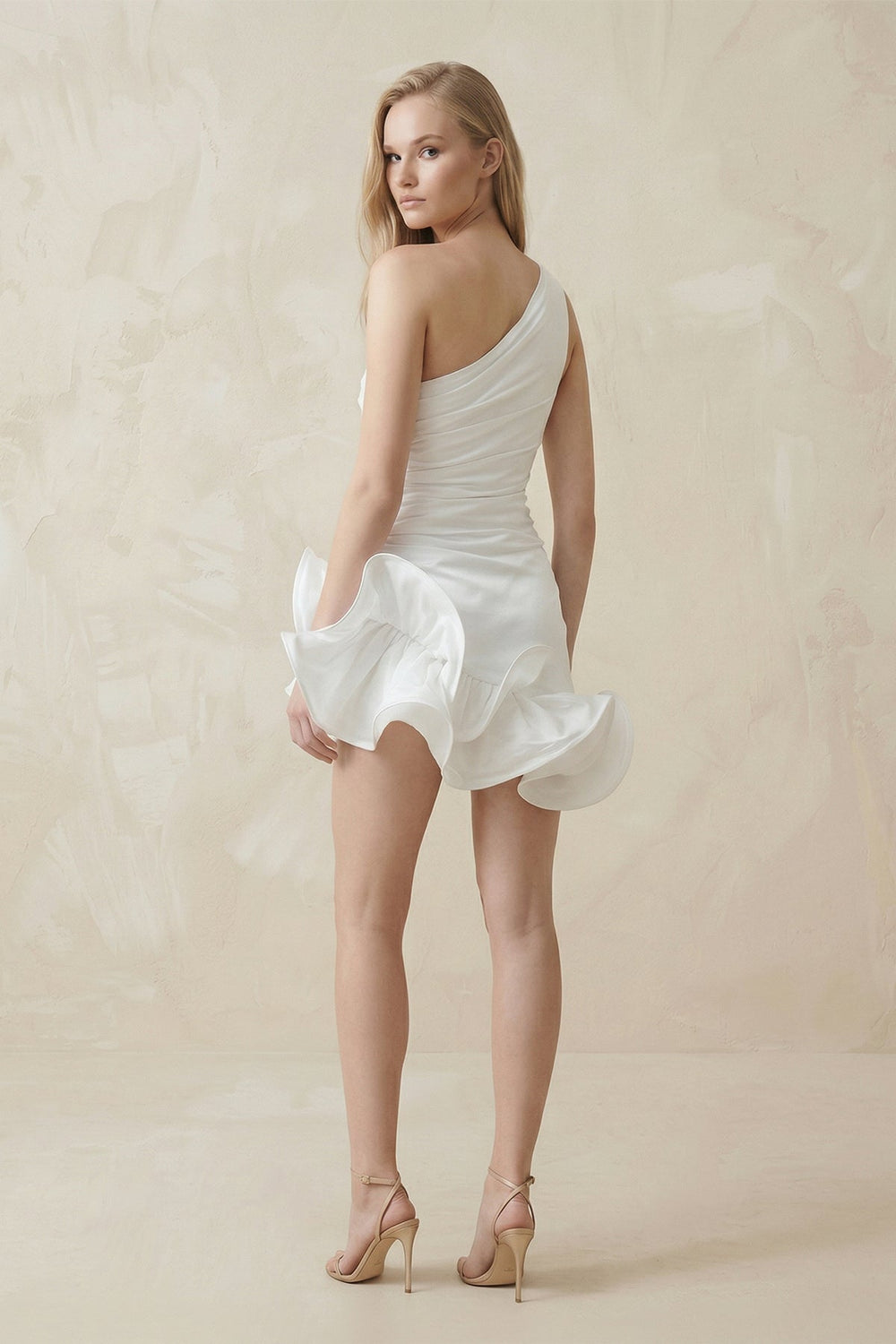 Ruffled One - Shoulder Satin Mini Wedding Dress in White - SHE IS ME Wedding Dresses