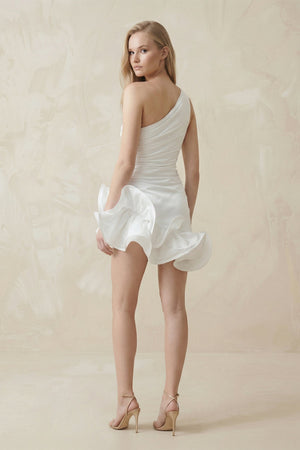 Ruffled One - Shoulder Satin Mini Wedding Dress in White - SHE IS ME Wedding Dresses