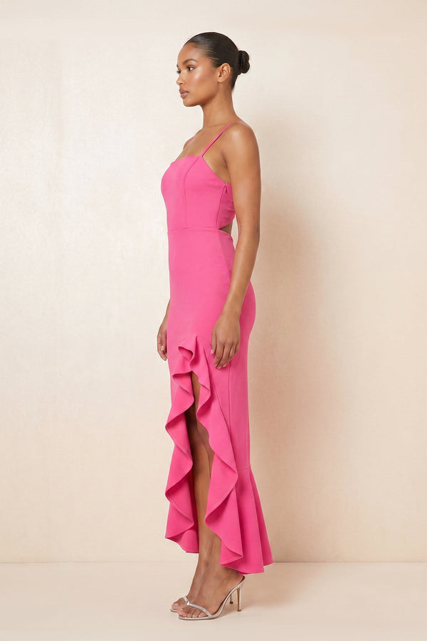 Ruffled Sheath Square Neck Keyhole Maxi Dress in Fuchsia - SHE IS ME Dresses