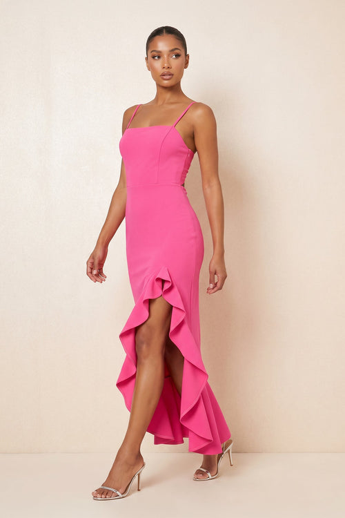 Ruffled Sheath Square Neck Keyhole Maxi Dress in Fuchsia - SHE IS ME Dresses