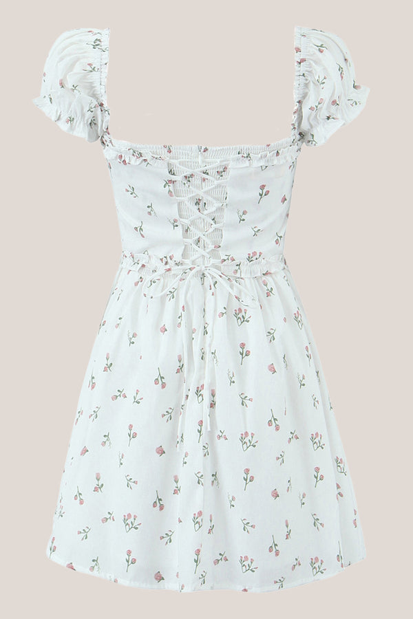 Ruffled Short Sleeves A - Line Vintage Rose Printed Cotton Mini Dress - SHE IS ME Dresses