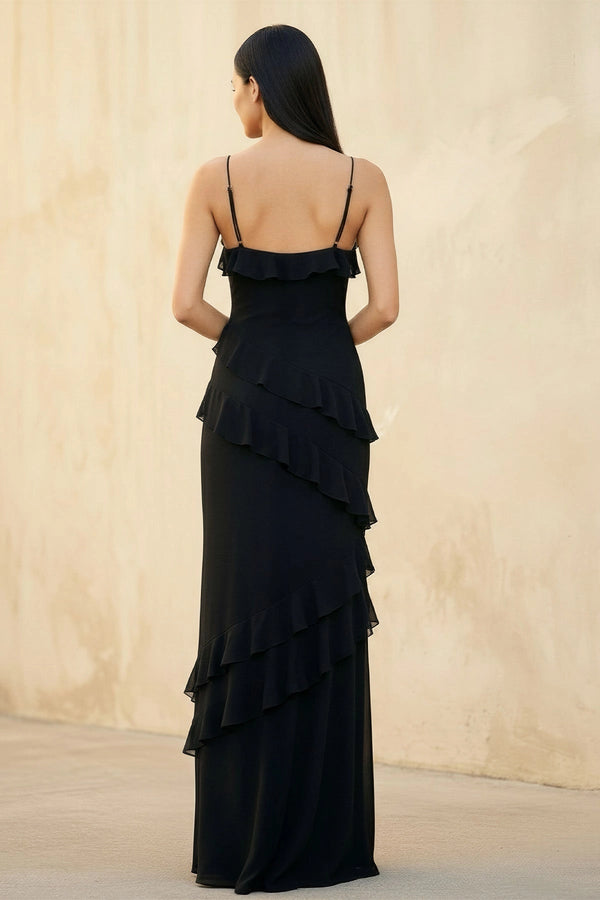 Ruffled Spaghetti Straps Gown in Black - SHE IS ME