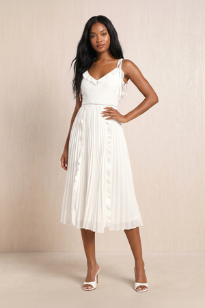 Ruffled Spaghetti Straps Sheath Midi Dress in White – SHE IS ME Dresses