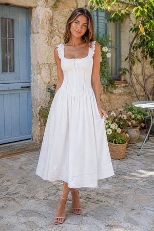 Ruffled Square Neck A-Line Cotton Midi Dress in White– SHE IS ME Dresses