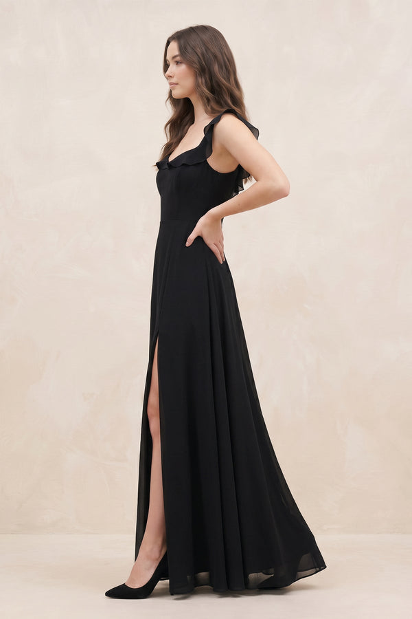 Ruffled Sweetheart Chiffon A - Line Maxi Dress with Slit in Black - SHE IS ME Dresses